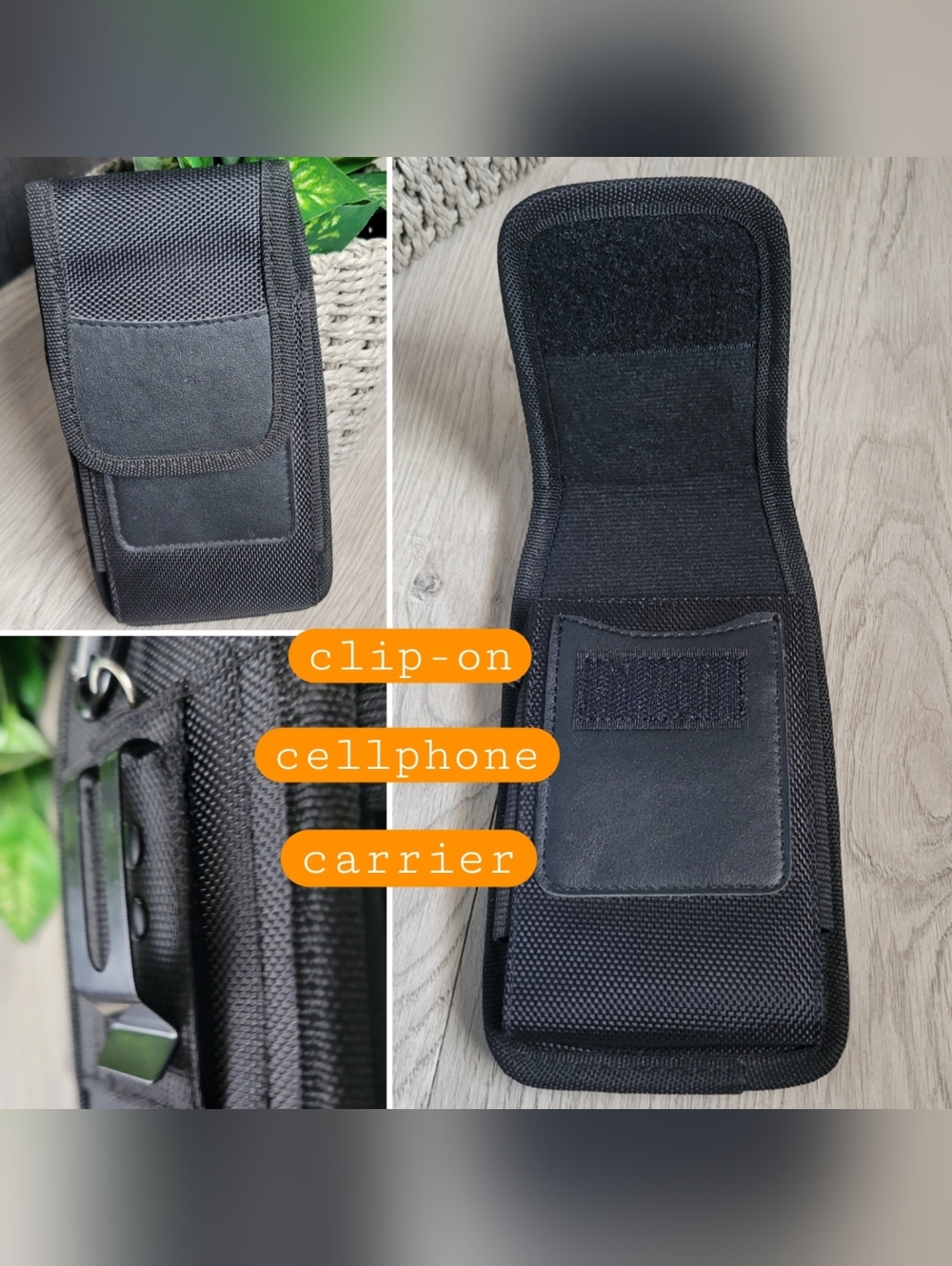 Black Clip-on Cellphone Carrier Holster with Belt Clip and Velcro Closure, 7"x4"